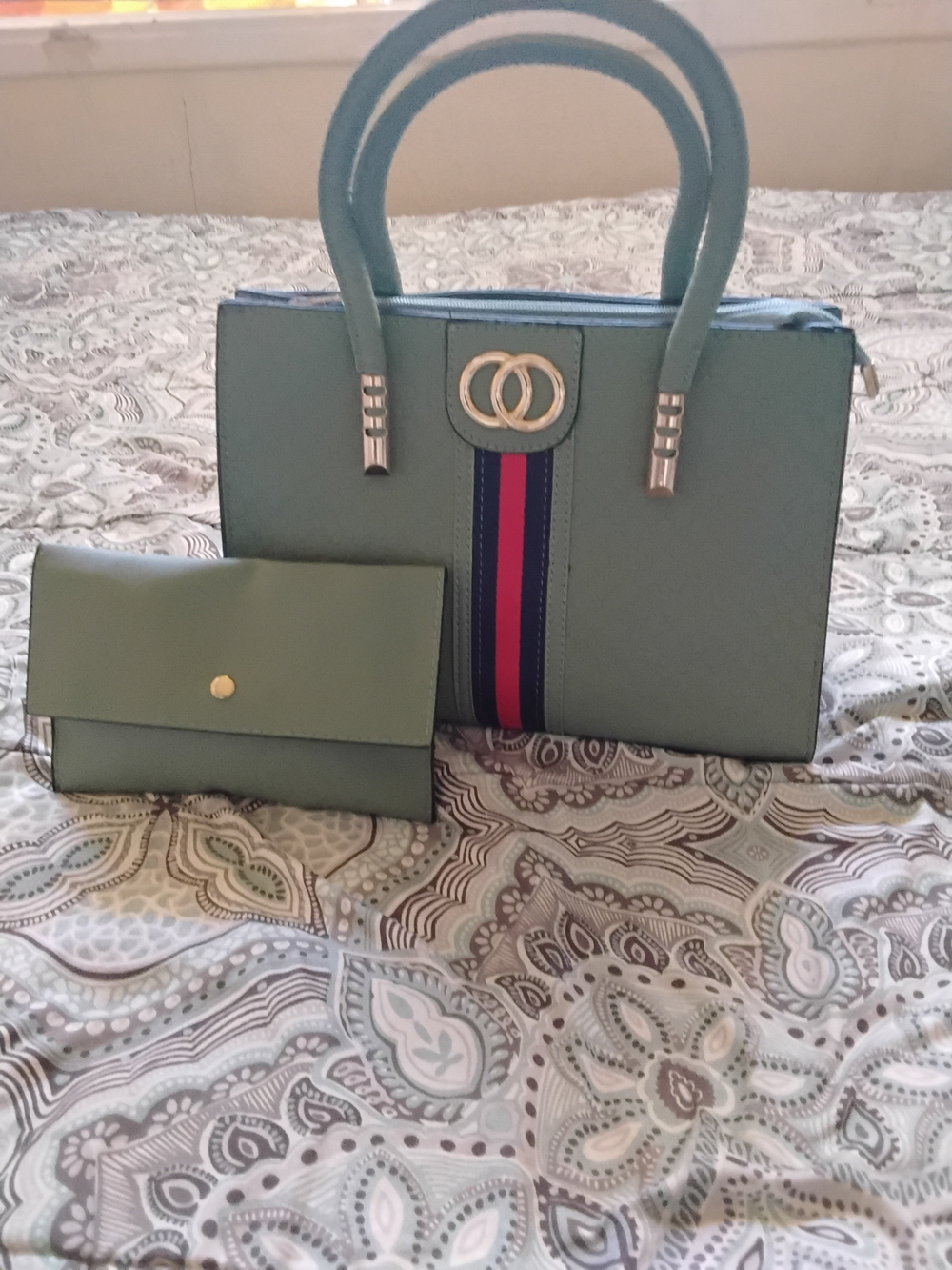 Structured Satchel Handbag with Matching Wallet - Sage Green Stripe Detail